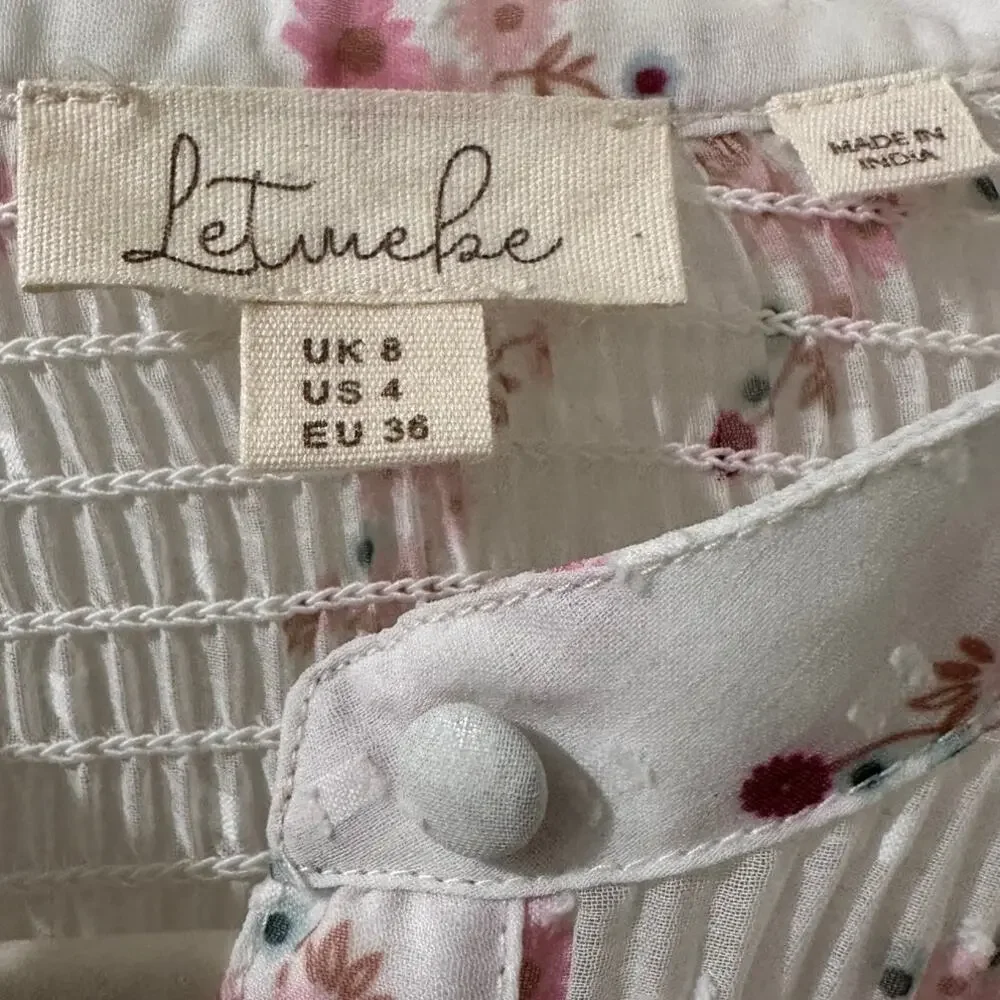 Let Me Be Floral Blouse Size US 4 Pink White Crinkle Chiffon Ruffle Lace Sleeve